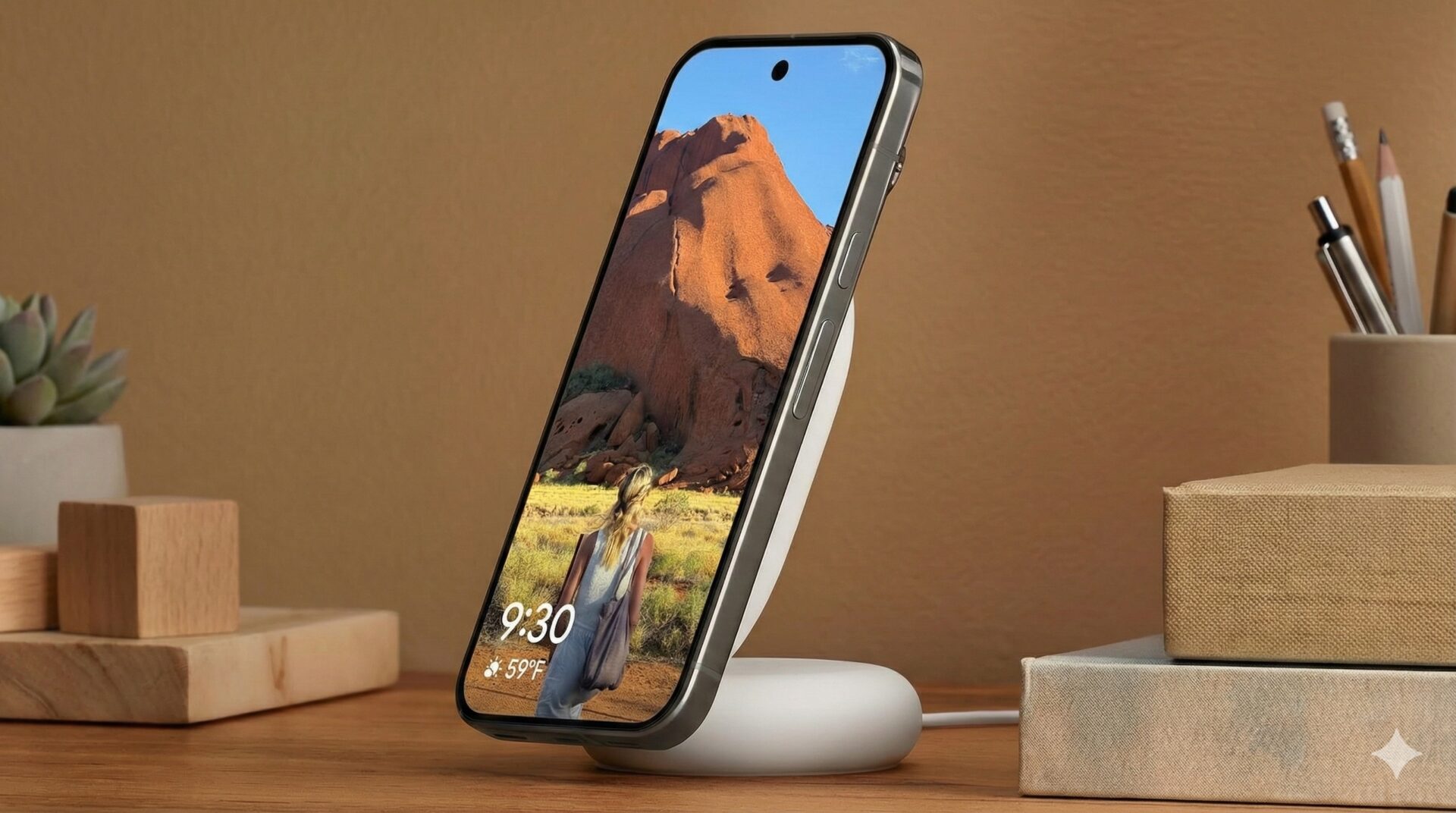 Google Pixelsnap -laturi jalustalla